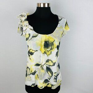 Johnny Heaven Yellow Gray Ruffle Neck Accent Women's Small S Floral Print Top